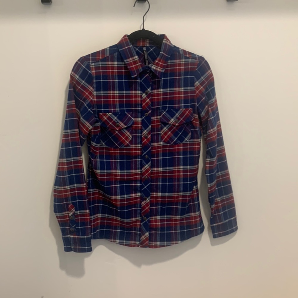 Kuhl flannel button down red blue and white